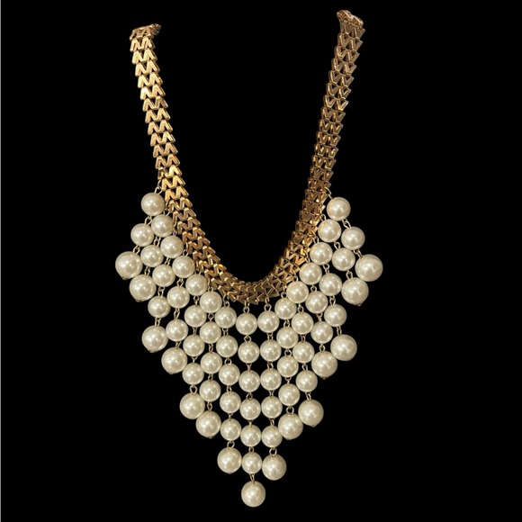 Gold Tone 2 Broke Girls Style Chevron Faux Pearl Choker Necklace - Picture 1 of 14